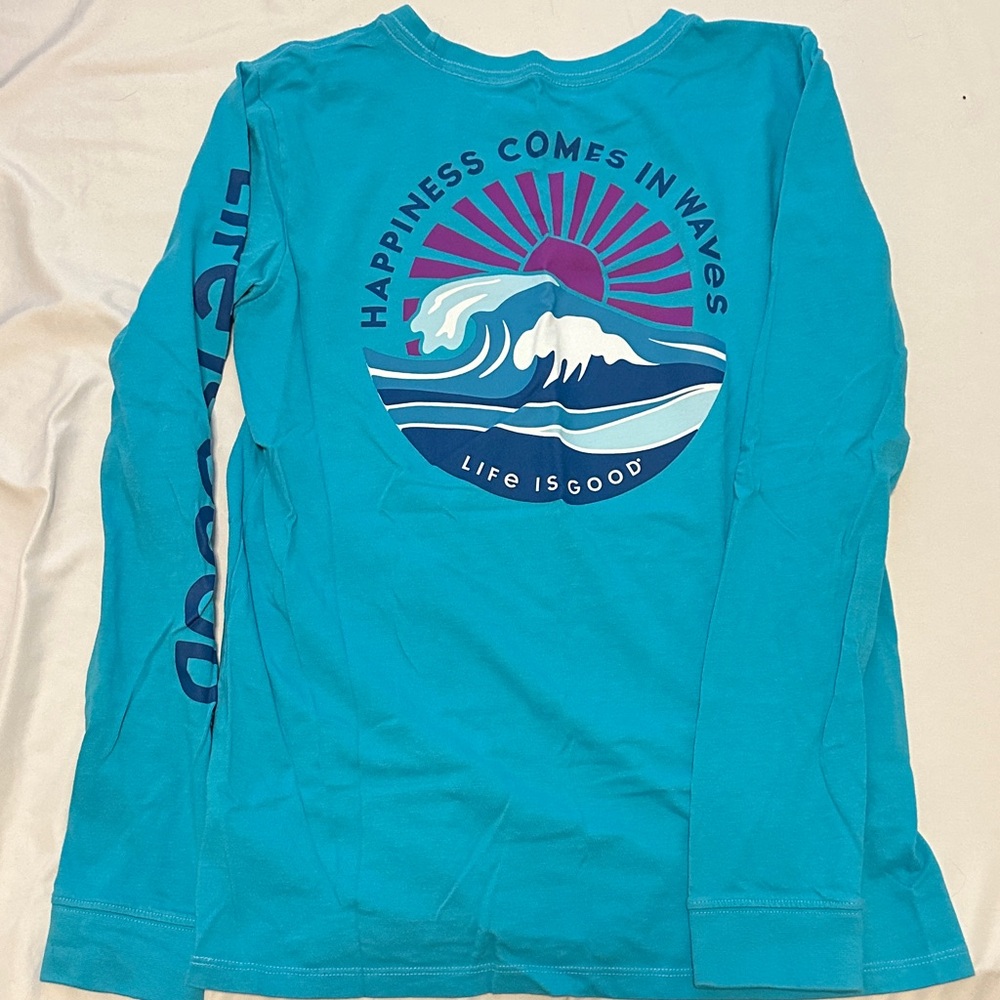 Life Is Good Teal Long Sleeve Shirt with Wave Graphic